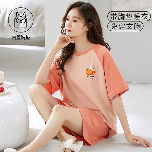 Urban Beauty Women's Short-sleeved Pajama Set in summer comes with a chest pad integrated large-size thin pure cotton summer home clothes can be worn outside GXT1047 M (recommended 75-95 Jin [Jin equals 0.5 kg])
