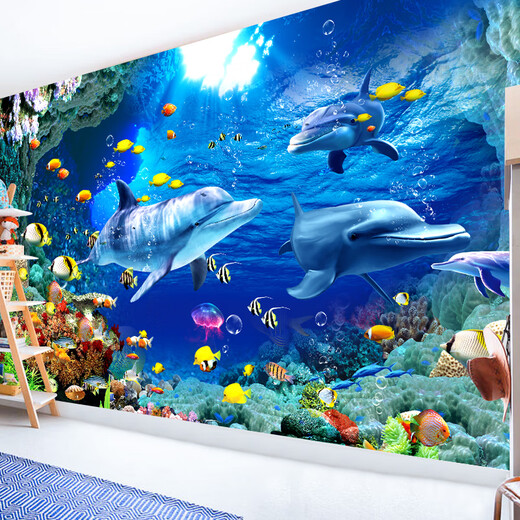 贴画3d立体粘贴画海底世界3d墙贴母婴游泳馆背景墙自粘贴画壁画儿 QT-3524 超小：宽90cm*高60cm(整张)