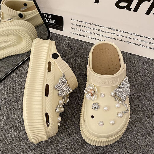 Songmaidou cute butterfly hole shoes for women 2025 summer thick-soled internet celebrity s s-strike feels fashionable Baotou sandals women's shoes milky white 9905 crystal butterfly 35/37 size suitable - wear 36