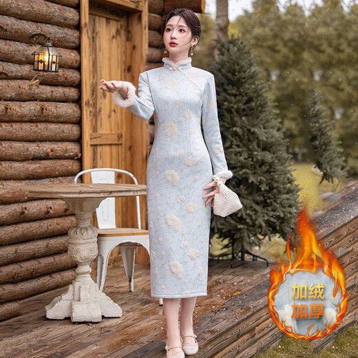 Blue elegant lady style plush collar cheongsam winter style waist reduction age-reducing warm plus velvet new Chinese style dress blue 2XL (125-135Jin Jin is equal to 0.5kg)