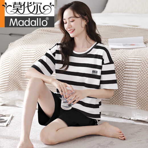 Modal marca de alta gama 2025 Nuevo pijama caliente para mujeres en el verano Cotton puro Cabina de manga corta de dos piezas Ropa para el hogar rayado de verano YZT9859 M Modelo de mujeres recomendado 80-100Jin [Jin iguala 0.5 kg]