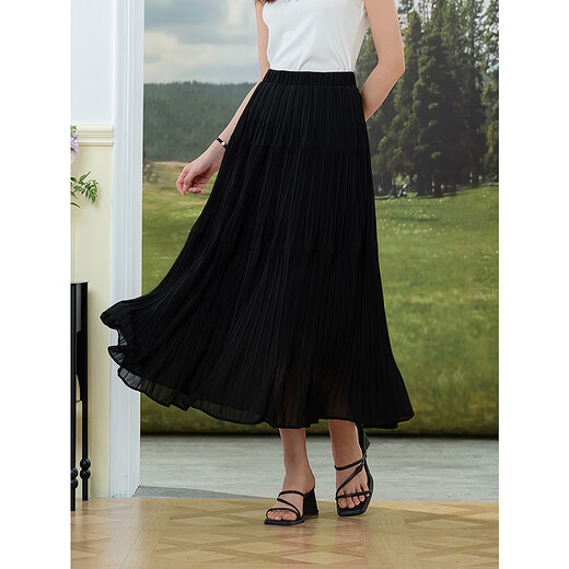 Lagogo Romantic Princess Skirt Women Lagugu Valley 2025 Summer New Chiffon plisado Versátil Fairy Skirt Black M