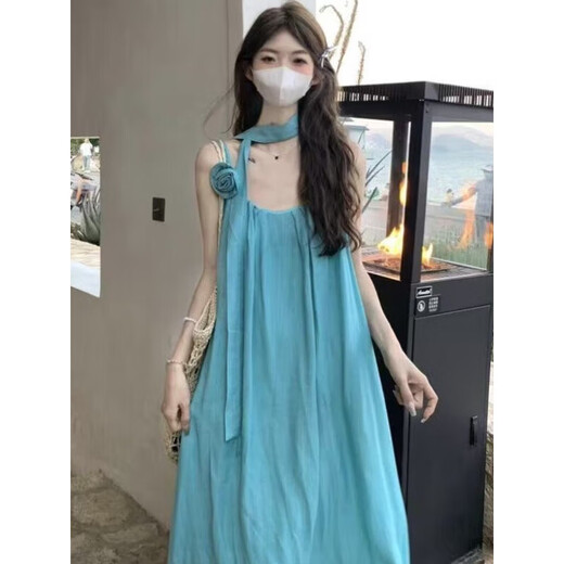Quchen beach skirt skirt dress vacation style dress seaside dress suspender dress blue dress beach dress (lake blue) M (85-100Jin [Jin equals 0.5 kg])