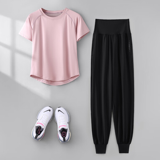 Phigeer yoga clothing suit for women 2025 summer new style quick-drying short-sleeved running fitness clothing high-end Pilates training clothing purple two-piece set (purple pants) M