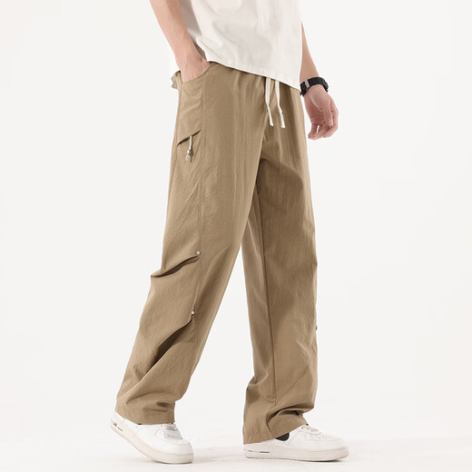 Greatluia Hosen Sommer Herrenfarbe Falten Nieten dekorative Straight Casual Hosen Lose Sporthosen Herren trendige schnell trocknende Hose 723 Khaki M.
