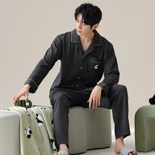
100% pure cotton men's pajamas spring and autumn lapel long sleeve trousers cotton suit for middle-aged and young people to go out loosely T16802 men's style [long sleeve + trousers] L [120Jin[Jin equals 0.5 kg]]