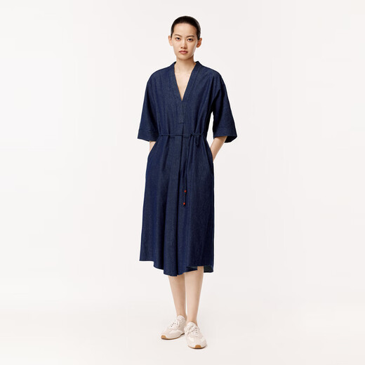 LESS【迅系列】V领和服款连衣裙女廓形宽松短袖牛仔裙2O4G13820 993牛仔深兰 S