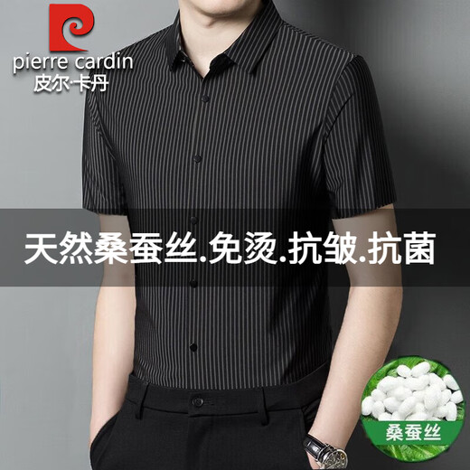 皮尔卡丹高档桑蚕丝短袖衬衫男2025夏季新款条纹无痕免烫商务休闲真丝衬衣 4205#哈青 XL 175码建议130-150斤