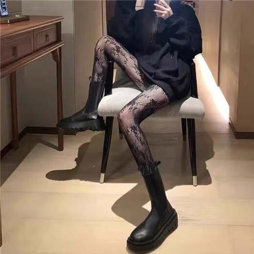 女薄款黑色ins蹦迪袜网红字母渔网袜带钻石白色jk连裤袜子 1047花藤黑色 M