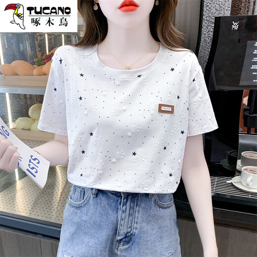 啄木鸟（TUCANO）纯棉印花短袖t恤女夏装2025新款宽松遮肚子设计感百搭上衣潮 1396#蓝色流星 M 适合100-109斤