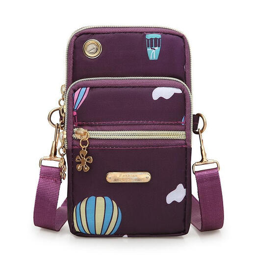 Deer Color Large Oxford Cloth Shoulder Diagonal Mobile Phone Bag Three-layer Zipper Halter Neck Arm Bag Women's Vertical Printed Mobile Phone Bag Y Waist Bag-1801 Purple