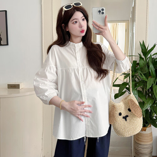 Ran Qiqi pregnant women's autumn suit lazy style 2025 new pure cotton long-sleeved shirt top wide-leg pants small fragrant style two-piece set white shirt + navy blue pants (set) L