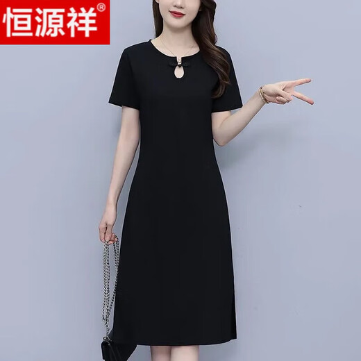 恒源祥纯棉中国风休闲连衣裙女2024夏季新款宽松显瘦气质过膝T恤裙 黑色(线条蝴蝶结) S 85斤-95斤