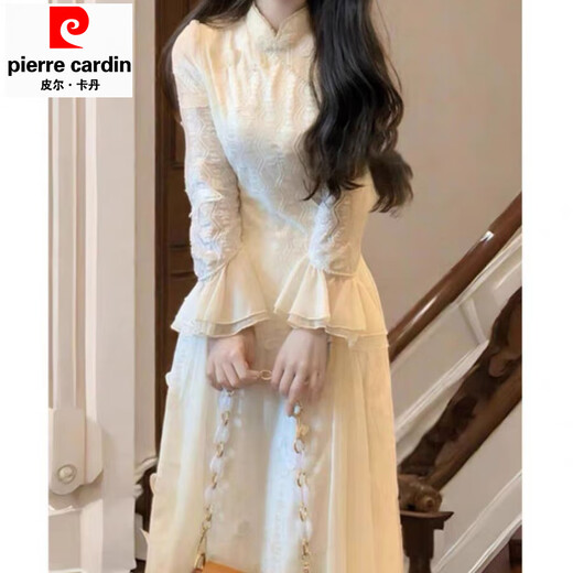 Pierre Cardin New Chinese Style Three-dimensional Butterfly Cheongsam Dress Women's Autumn and Winter New White Fairy High-end National Style Skirt Graphic Dress Standard Edition L Recommendation 105-120 Jin Jin equals 0.5 kg