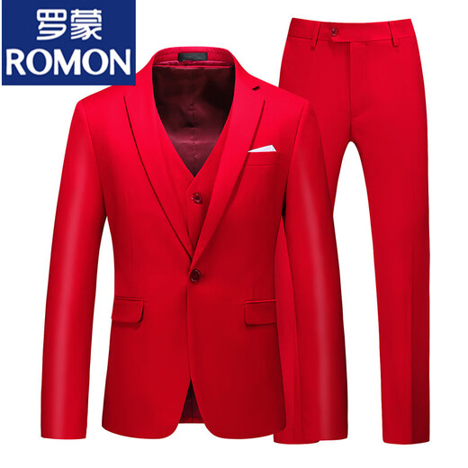 ROMON pink small suit men's suit slim fit young wedding groom performance British men's business casual professional suit burgundy suit + pants M