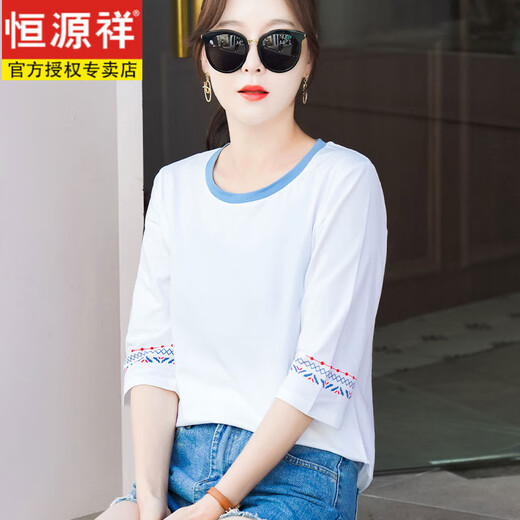 恒源祥纯棉七分袖t恤女士中袖宽松减龄五分袖体恤春秋夏季2025新款上衣 W6172冰蓝 中袖 M (建议80-105斤)