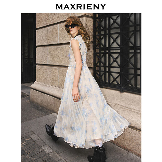 Maxrieny [Gleiches Modell in Fang Yuan] Blue Stern Blumenkleid elegante kleine fliegende Ärmel Falten Temperament Taille-Close Long Kleid Sommer Beige M.