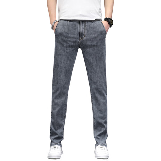JOEONE Spring and Summer Thin Jeans Men's 2022 Spring and Autumn Korean Style Trendy Elastic Casual and Evergrande Small Straight Palm Pants Light Blue E9866 Summer Thin Light Blue E986 28