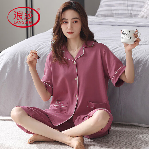 Langsha Pajamas Women's Summer Cotton New Cardigan Lapel Large Size Short Sleeve Cropped Pants Set Loose Casual Home Clothes NX9871 M Women