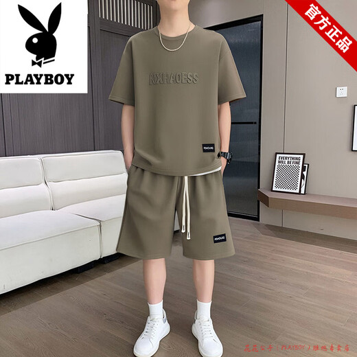 Playboy brand summer short-sleeved T-shirt suit for men's youth thin breathable two-piece casual sportswear five-point shorts [suit] 829 military green XL suggests 140-160Jin [Jin equals 0.5 kg]