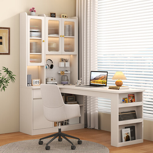 Long Chang solid wood corner desk bookshelf integrated desktop office computer table home bedroom bookcase combination study table table dark walnut color 140*100*190-bookshelf on the right solid wood package installation