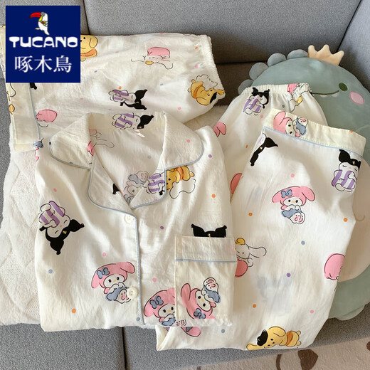 Woodpecker HelloKitty pure cotton gauze pajamas for women in summer short-sleeved 2025 new cute three-piece set home clothing Yunduo Cotton-J9901# Paradise Puppy Three-piece Set M [Suggestion 75-100Jin [Jin equals 0.5 kg]]