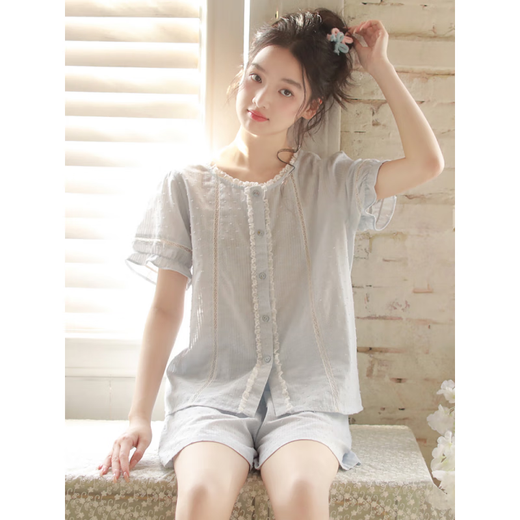 浪莎（LangSha）2025年新款夏季女士睡衣短袖短裤法式纱布大码家居服可外穿套装 3892粉紫色 L (建议110-125斤左右)