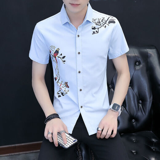 Yunhanye short-sleeved shirt men's Korean style trendy slim casual printed teenager summer half-sleeved shirt handsome shirt trendy 829 black high quality M suitable for 80-100Jin [Jin equals 0.5 kg]