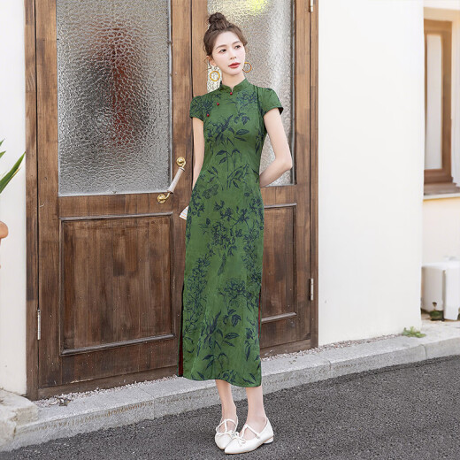 丝柏舍新中式旗袍2025夏装新款女装复古短袖立领中长款连衣裙
