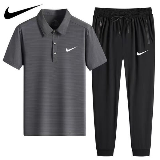 NBA KIDS-NIKE冰丝POLO衫速干休闲运动装短袖T套装薄款翻领男士长裤两件装 耐克-白色(直筒套装)1396 耐克-2XL 120-140斤