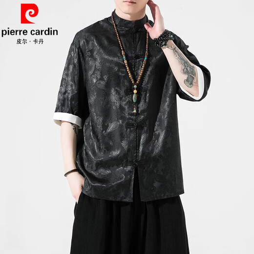 
Pierre cardin ice silk Tang suit Chinese style summer thin short-sleeved shirt men's retro loose Hanfu large-size five-point sleeve shirt A686 yellow 4XL 180-200Jin [Jin equals 0.5 kg]