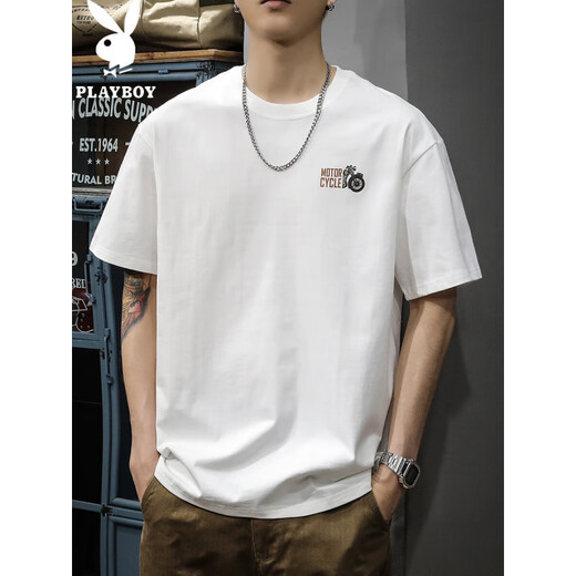 
Playboy; PLAYBOY2025 white new short-sleeved T-shirt for men loose fashion brand summer pure cotton half-sleeved American ins heavy men's T-shirt HST1518 white L weight 125-145Jin [Jin equals 0.5 kg]