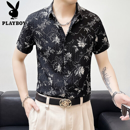 Playboy (playboy) glace Slim Slim Short à manches à manches à manches courtes pour hommes Summer Casual Ir-Irging Mid-Marseved Clothing Men's Clothing Bk679 Black M