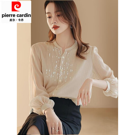 Pierre Cardin top chiffon shirt small shirt sequined spring and autumn women's clothing counter 2025 new long-sleeved cut label high-end bottoming beige shirt counter Western temperament S