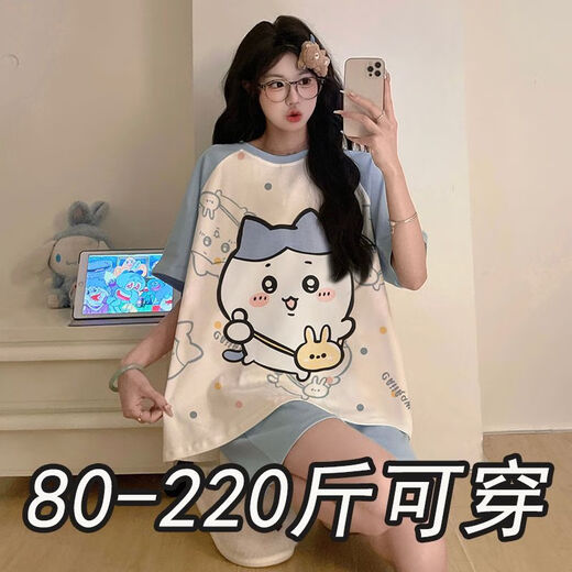 奢依君（SHEYIJUN）吉伊卡哇睡衣 夏天女夏季短袖短裤宽松大码学生卡通薄款家居服套 693黑笑脸【夏季】 M 【80-95斤穿】