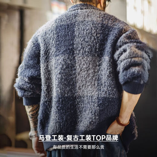 Madden Workwear American Retro Buffalo Plaid Woolen Jacket Wool Blended Lapel Plaid Cardigan Hunting Jacket Men's Autumn Gray Blue Loose Fit 2XL