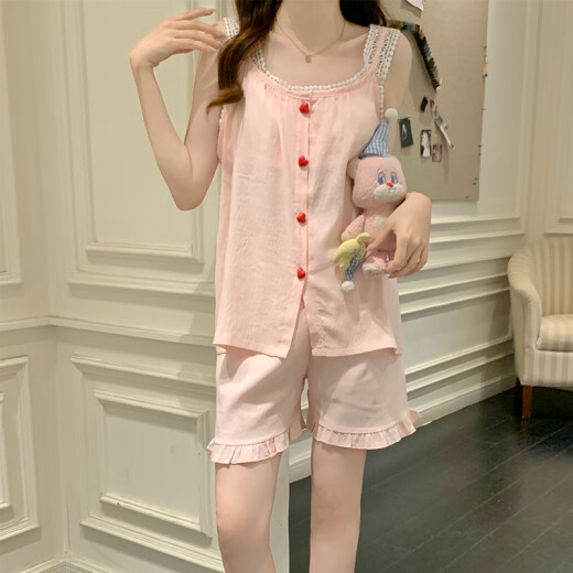 梦鸾吊带背心睡衣女夏季带胸垫2025新款蕾丝花边公主风甜美家居服套装 9226FE 爱心纽扣 粉色 M