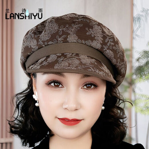 Lanshiyu (LANSHIYU) beret autumn and winter new hat for women retro embroidered peaked cap to modify the face beret versatile octagonal hat for women dark coffee color M 52-58CM adjustable