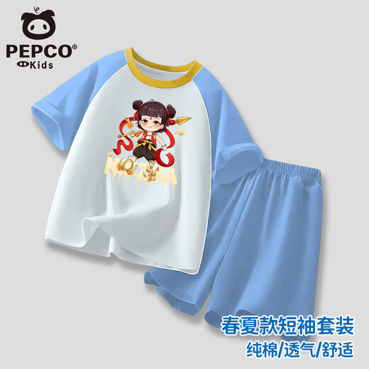 小猪班纳男童女童纯棉短袖短裤夏季哪吒敖丙套装插肩T恤运动短裤 粉色-哪吒 （套装） 130 建议身高120-130CM
