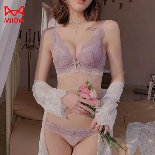 猫人女士内衣套装夏季蕾丝性感中厚聚拢小胸内衣女无钢圈侧收透气文胸 浅黄色(套装) 80A 36B
