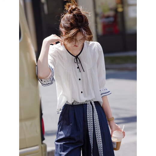 Awakening Paradise French Style Literary Style Round Neck Shirt Lace Tie High Waisted Wide Leg Pants Two-piece Commuting Suit Navy XL