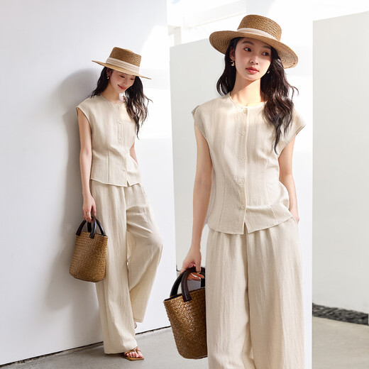 
Vanchiman high-end old-fashioned linen suit for women's summer new sleeveless tops and pants set apricot color L