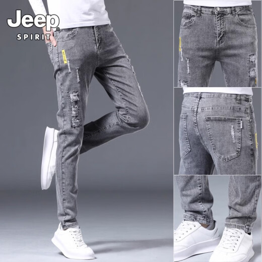 Jeep Spiritjeep Jeep Jeep Herren schlanker kleiner Fuß Spring- und Sommer -Herrenhose Rippte Trendy Brand Elastic Slim Summer Herrenhosen 6636 Grau + 306 Black 28