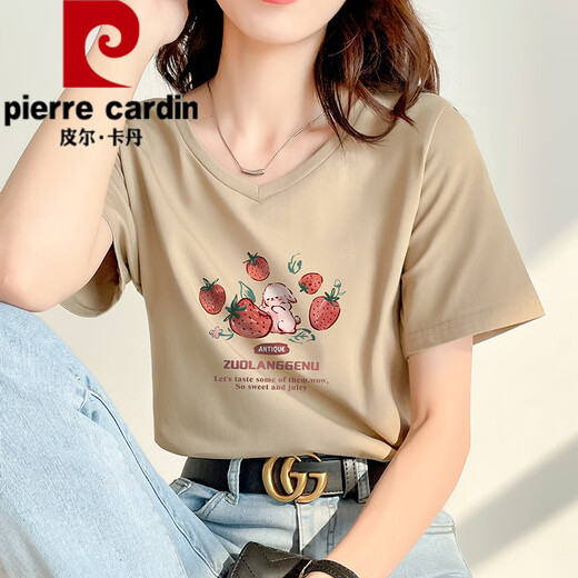 皮尔卡丹（pierre cardin）卡其色t恤女2025新款夏季短袖纯·棉正肩体·恤设计感兔子v领显瘦 卡其色 723 S