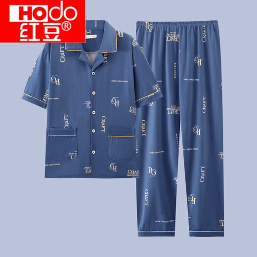 红豆（Hodo）官网方舰店旗官网夏季男士睡衣纯棉薄款短袖青少年夏天加大码休闲 g3881蓝色-短袖长裤 L  建议100-120斤