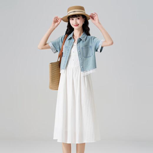 Kuaiyu women's suit 2025 new summer short denim shirt with white dress casual and sweet white L