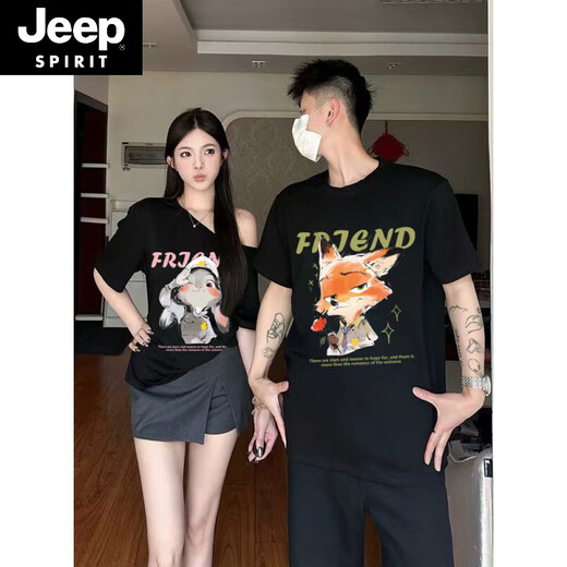 
JEEP SPIRIT One Long One Short Super Hot Internet celebrity Judy Nick Couple Outfit Summer 2025 New Niche Design Short Sleeve T-shirt 1421 Pre-press Middle-Black L Recommended 110-130Jin [Jin equals 0.5 kg]