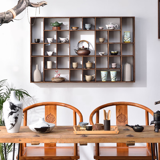 Sanqihu solid wood Duobaoge tea cup rack teapot tea set storage storage wall-mounted display rack Chinese retro tea re-burning special shape 4839 grid large size