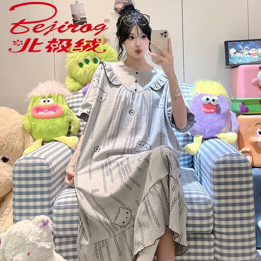 北极绒（Bejirog）夏季新款睡衣女冰丝螺纹睡裙短袖可爱甜美薄款宽松大码家居服套装 7024裙子 L  100-120斤