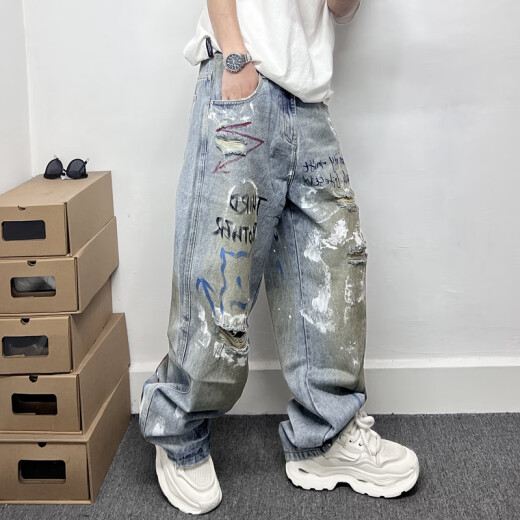 Smyslenny轻奢侈新品牌美式高街潮牌涂鸦泼墨嘻哈破洞牛仔裤男水洗浅蓝色宽 浅蓝色_H3897 S _105-125斤